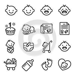 Line Vector Icon Set of Baby Newborn. Contains Icons Birth Certificate, Trolley, Diapers, Birthday Cake and more.