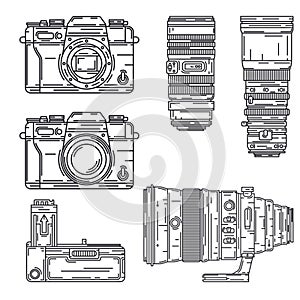 Line vector icon set digital photographer professional equipment. Photography art. Photographic power bank, glass