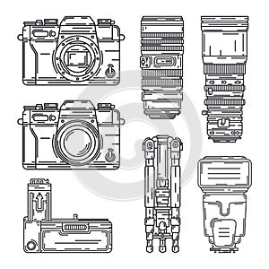 Line vector icon set digital photographer professional equipment. Photography art. Photographic power bank, tripod