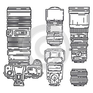 Line vector icon set digital photographer professional equipment. Photography art. Photographic tripod, camera, various