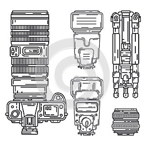 Line vector icon set digital photographer professional equipment. Photography art. Photographic tripod, camera, various