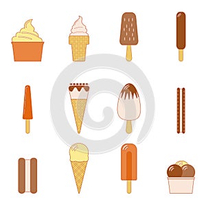 Line vector illustration of set of various types of ice cream including frozen yogurt, gelato, soft serve, waffle cones