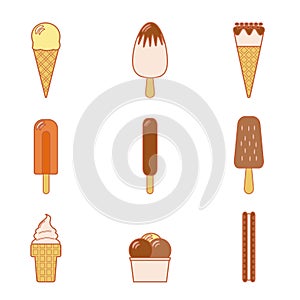 Line vector illustration of set of various types of ice cream including frozen yogurt, gelato, soft serve, waffle cones