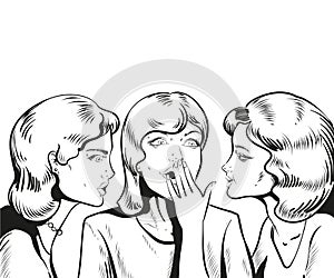 Line vector illustration. Woman whispering gossip or secret to her friend.