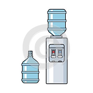 Line vector plastic water cooler with blue full bottle. Flat illustration on white background photo