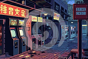 A line of vending machines placed along the side of a street, ready to provide snacks and drinks to passersby, A pixelated retro photo