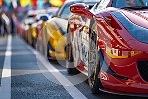 A line of vibrant red sports cars parked neatly along the roadside, A set of sports cars lined up at the start line, ready for the