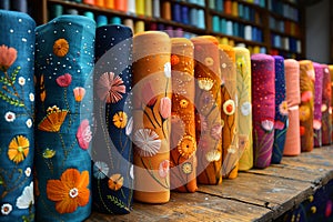 A line of vibrant vases displayed neatly on a wooden shelf