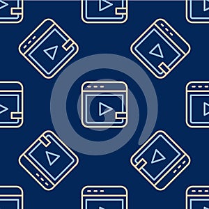 Line Video advertising icon isolated seamless pattern on blue background. Concept of marketing and promotion process