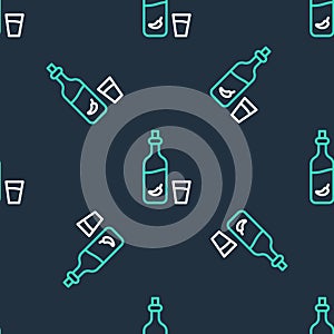 Line Vodka with pepper and glass icon isolated seamless pattern on black background. Ukrainian national alcohol. Vector