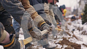 A line of volunteers tirelessly working to reconstruct a damaged community united in their unwavering resilience and