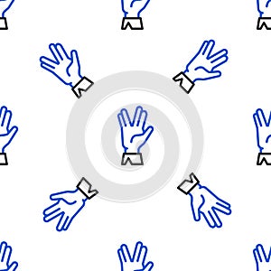 Line Vulcan salute icon isolated seamless pattern on white background. Hand with vulcan greet. Spock symbol. Colorful