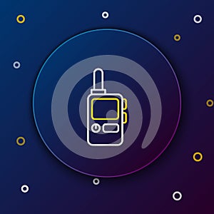 Line Walkie talkie icon isolated on blue background. Portable radio transmitter icon. Radio transceiver sign. Colorful