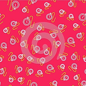 Line Watch with a chain icon isolated seamless pattern on red background. Vector