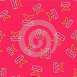 Line Whale tail in ocean wave icon isolated seamless pattern on red background. Vector