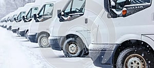 Line of white delivery vans in winter day, transportation service company concept with copy space