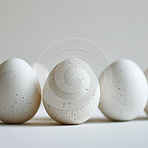 Line of white eggs with speckled design on a light background at a creative setup
