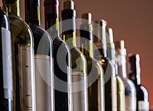 Line of wine bottles. Close-up