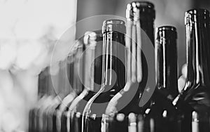 Line of wine bottles. Close-up. Bottles before the bottling.