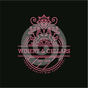 Line wine label, winery heraldic emblem