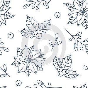 Line winter florral seamless pattern with poinsettia, holly leaves, berries for greeting cards, fabric, wrapping papers
