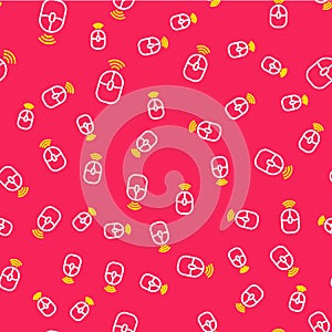 Line Wireless computer mouse icon isolated seamless pattern on red background. Optical with wheel symbol. Vector