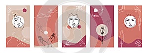 Line woman face banners. Trendy art minimalist portraits. Vertical posters set. Abstract shapes and flowers and female