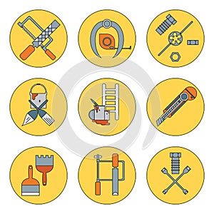Line working color tools for construction, building and home repair icons set. Vector illustration. Equipment. Elements