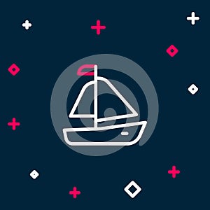 Line Yacht sailboat or sailing ship icon isolated on blue background. Sail boat marine cruise travel. Colorful outline