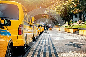 Line of yellow taxis in Funchal city. Madeira Portugal