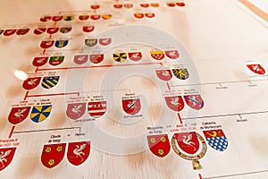 Lineage chart showing heraldic devices