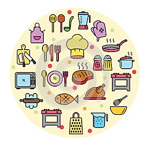 Lineal color style of cooking related icons set