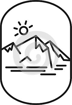 Lineal insignia with mountain ridge, sun and lake.