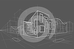 Linear abstract architectural sketch corner modern office building on gray background