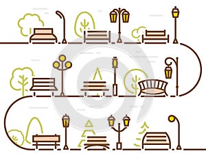 Linear abstract street with park elements. Forest tree, park bench and lantern, vector illustration.