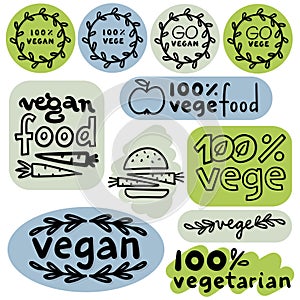linear abstract vege vegan label set with hand drawn typographic and graphic doodle elements
