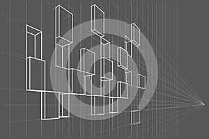 Linear sketch abstract asymmetric cube facade in perspective on gray background