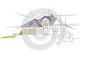 Linear architectural sketch detached house. Concept of project.