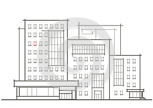Linear architectural sketch of multistory building with red window