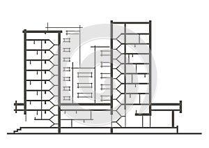 Linear architectural sketch of multistory building. Sectional drawing