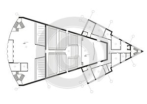 Linear architectural sketch  plan of concert hall
