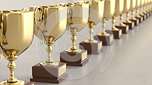 Linear Array of Gold Trophys on a Light Gray Surface