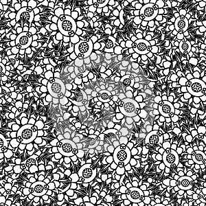 Linear art floral motif black and white intricate pattern