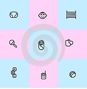 Linear baby icon set. Vector illustration. Childhood attributes