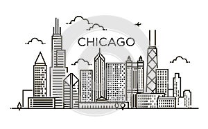 Linear banner of Chicago city. Line art.