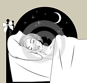 Linear black and white drawing of the head of a sleeping blonde girl In the bed