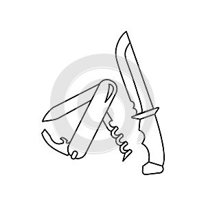 Linear black white knives icon. Can be used as a sticker, symbol or sign. Outline knife and pocketknife for hiking