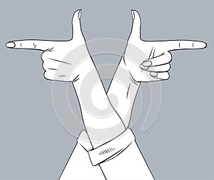 Linear black and white stylized drawing of two female hands pointing in different directions
