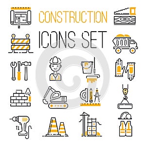 Linear black yellow construction icons set universal web and mobile basic ui elements and worker equipment flat industry