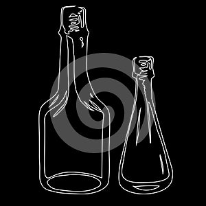 Linear bottles on a black background, glass vials. Container for alcoholic drinks, wine, vodka, cognac.